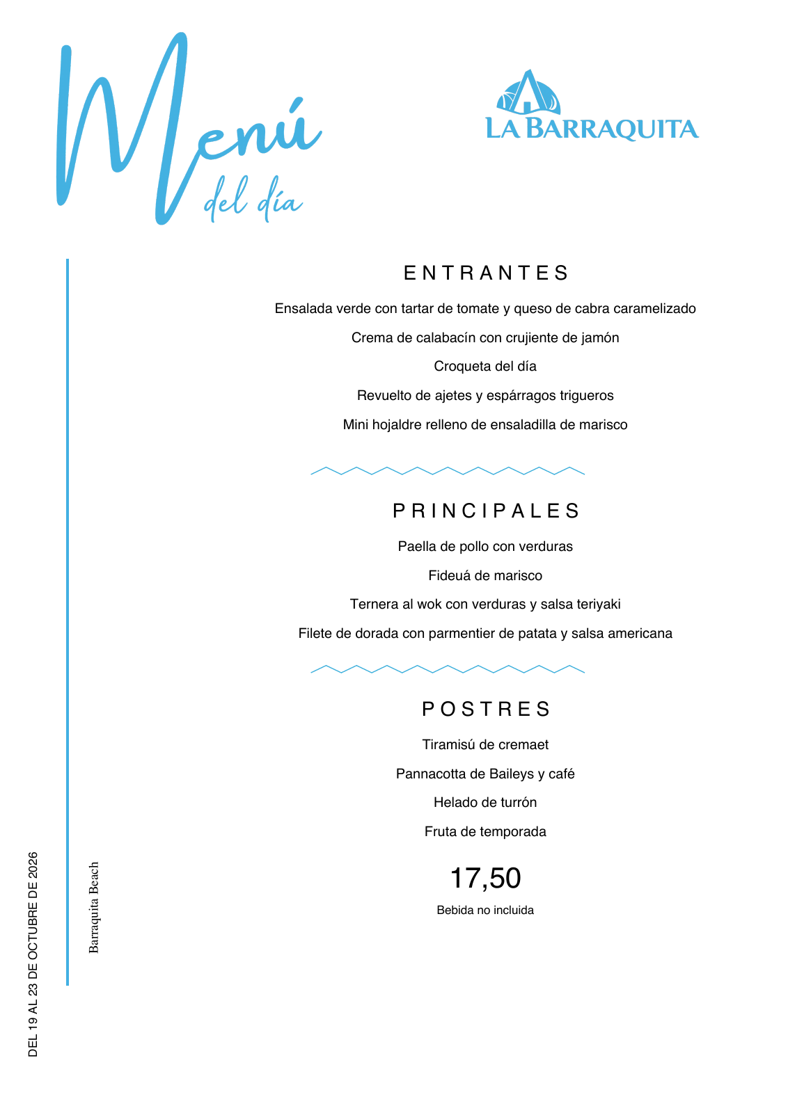 Menú anterior de Beach, 19 al 23 de octubre de 2026