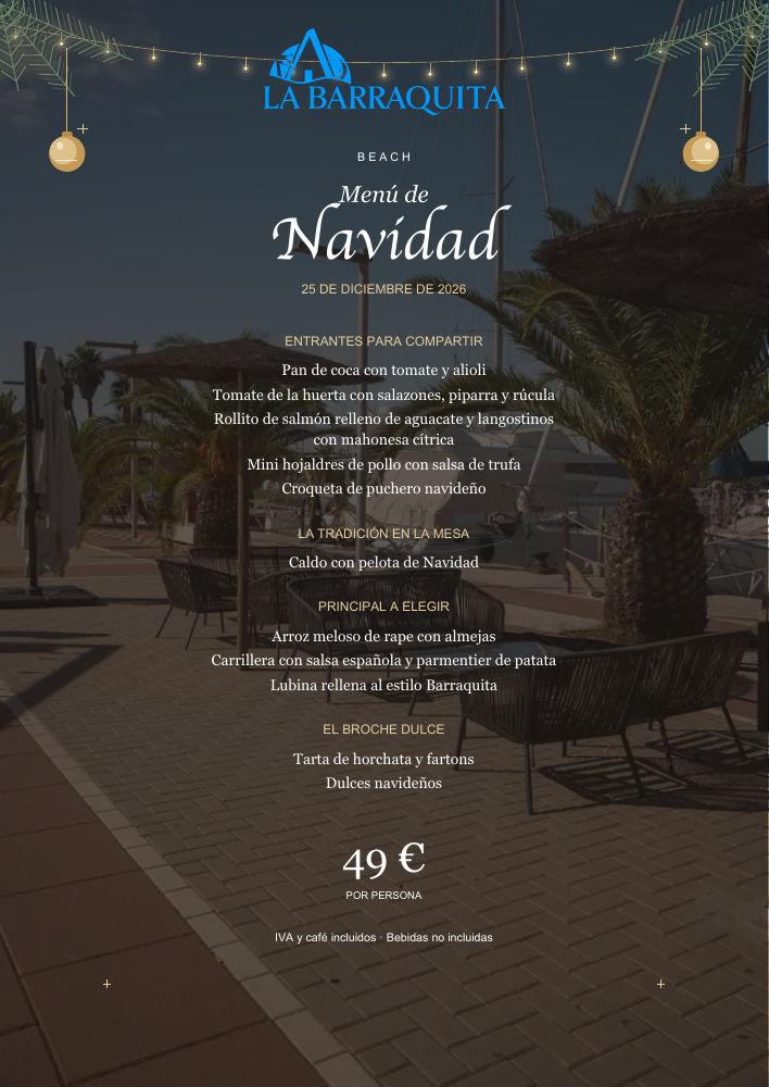 Menú de Navidad 2026 de La Barraquita Beach, con foto del local. 25 de diciembre, 49 euros por persona.