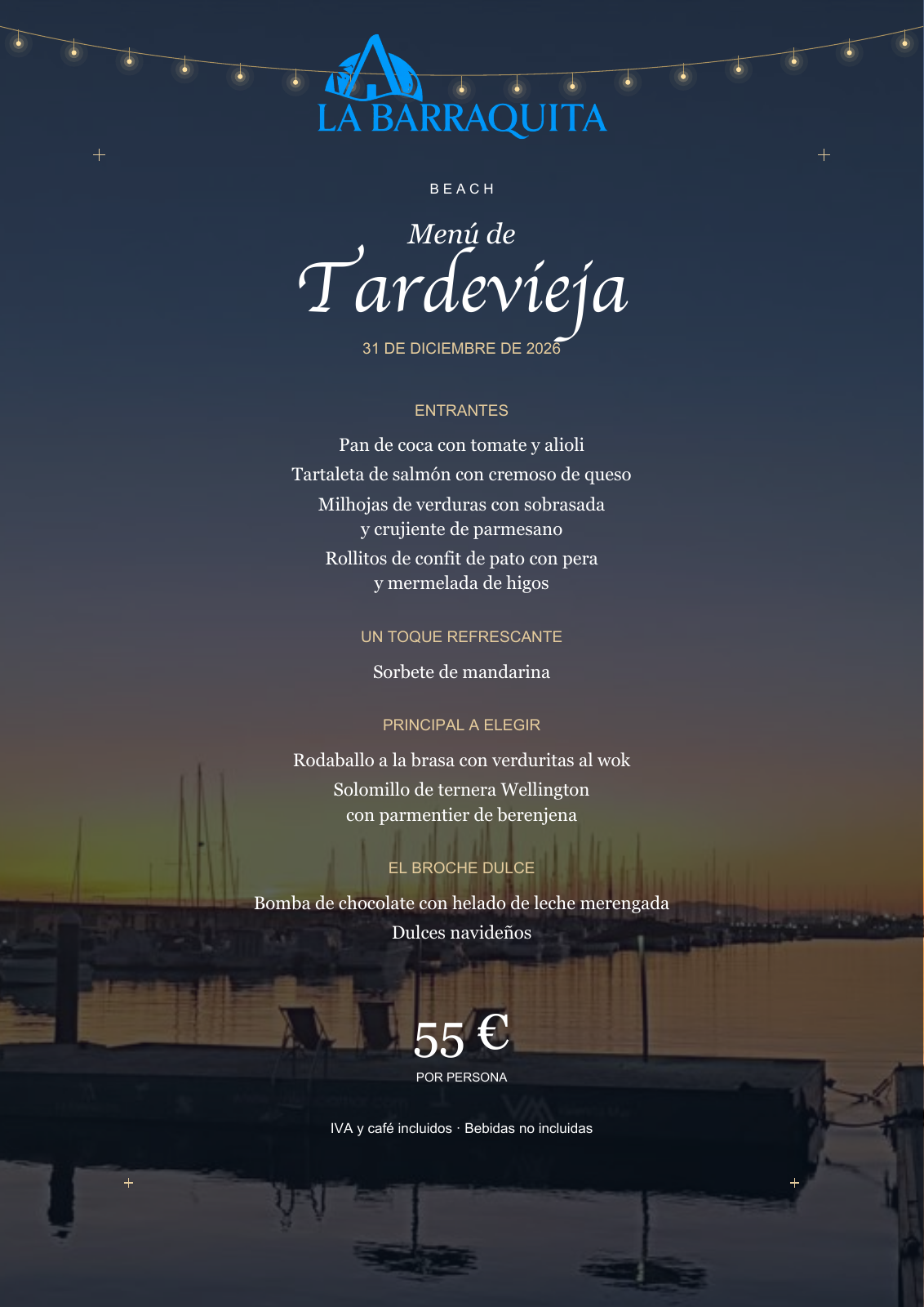 Menú Tardevieja Beach, 31 diciembre de 2026, 55 euros por persona